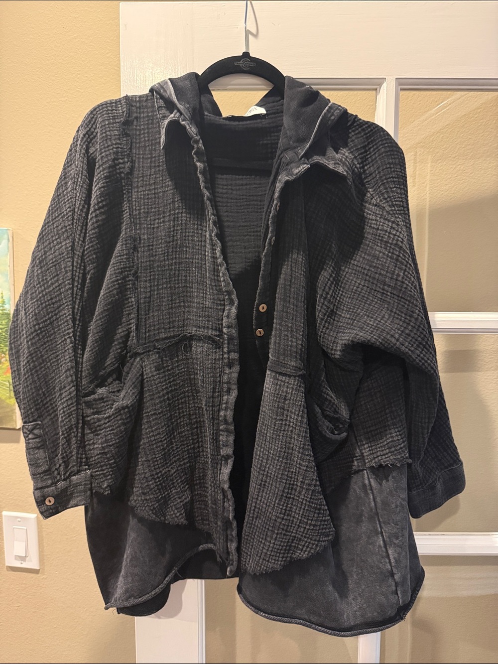 Women’s Black Hooded Button-Down Shirt Jacket